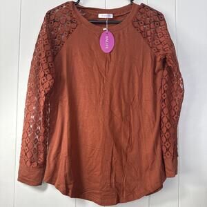 Halife Women's Long Lace Sleeves Loose Fit Pullover Tunic Top Size S Orange